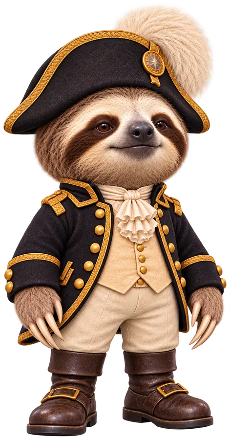 Sloth, a brown sloth in a black 1800s coat with gold trim, a cream waistcoat and cravat, and a black and gold bicorne with a cream plume