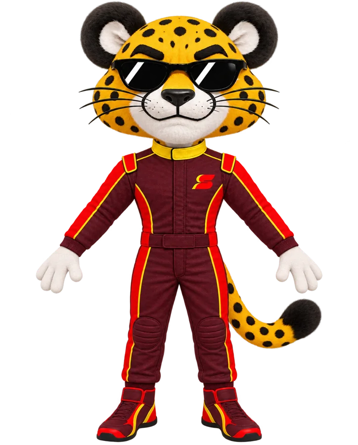 Speed standing front on in his maroon race suit