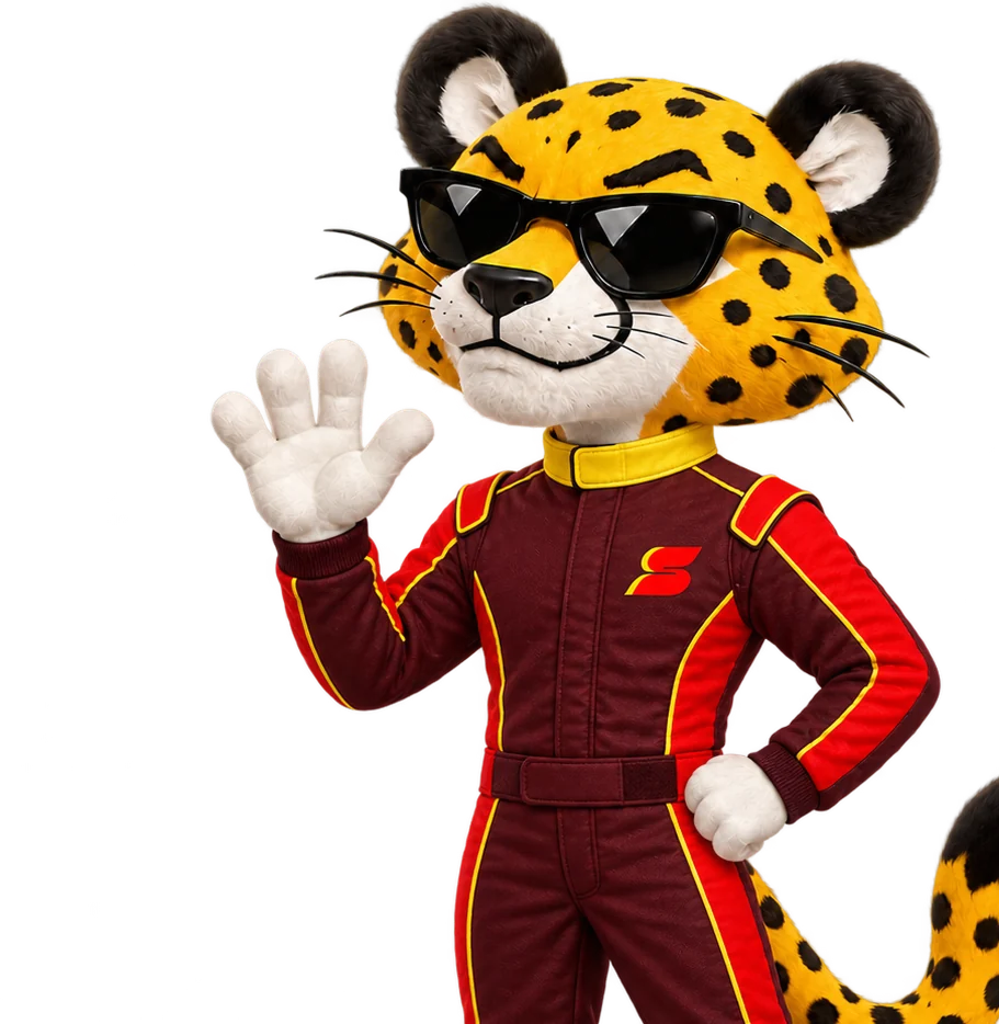 Speed, the Speed Styles cheetah, in a maroon race suit and black sunglasses, waving