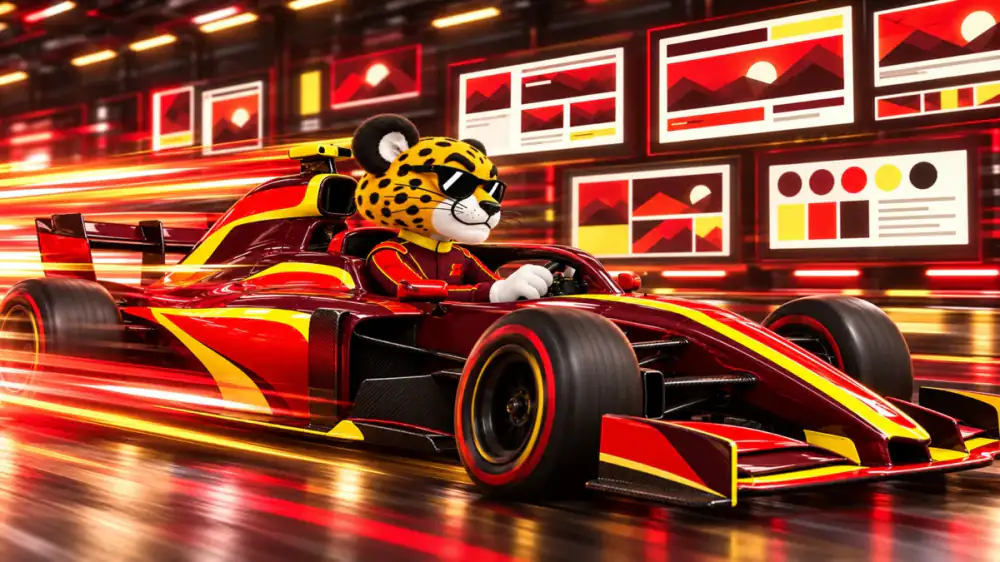 Speed driving his race car at full speed past a garage wall of screens generating on-brand websites, emails, ads and color swatches